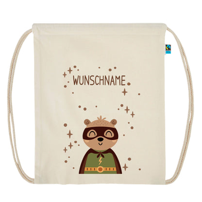 Personalisierter Turnbeutel aus Bio Baumwolle Wäschebeutel für Kinder Stoffbeutel mit Name und Motiv Superheld bedruckt Bär