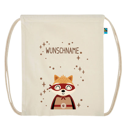 Personalisierter Turnbeutel aus Bio Baumwolle Wäschebeutel für Kinder Stoffbeutel mit Name und Motiv Superheld bedruckt Fuchs