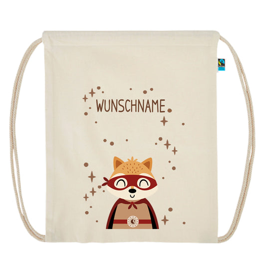 Personalisierter Turnbeutel aus Bio Baumwolle Wäschebeutel für Kinder Stoffbeutel mit Name und Motiv Superheld bedruckt Fuchs