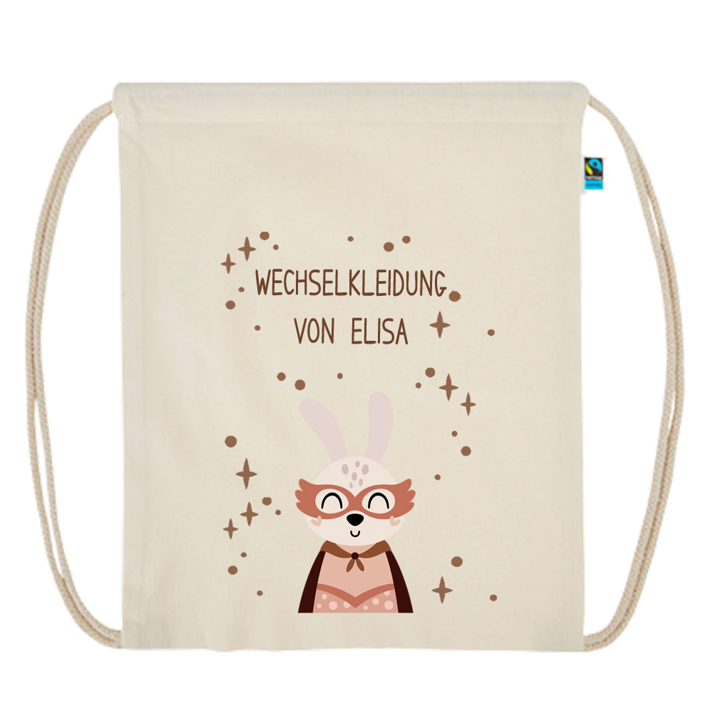 Personalisierter Turnbeutel aus Bio Baumwolle Wäschebeutel für Kinder Stoffbeutel mit Name und Motiv Superheld bedruckt Hase