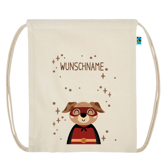 Personalisierter Turnbeutel aus Bio Baumwolle Wäschebeutel für Kinder Stoffbeutel mit Name und Motiv Superheld bedruckt Hund