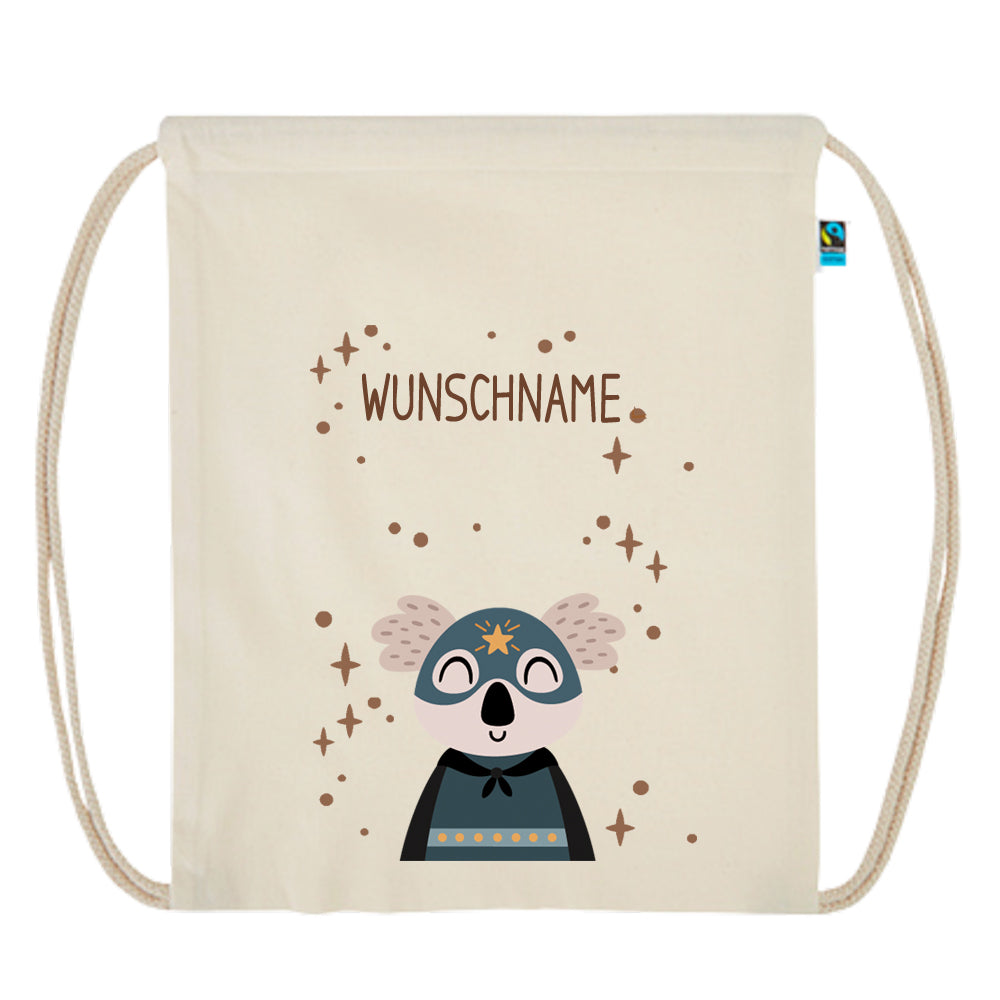 Personalisierter Turnbeutel aus Bio Baumwolle Wäschebeutel für Kinder Stoffbeutel mit Name und Motiv Superheld bedruckt Koala