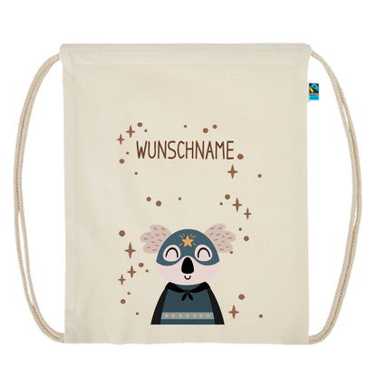 Personalisierter Turnbeutel aus Bio Baumwolle Wäschebeutel für Kinder Stoffbeutel mit Name und Motiv Superheld bedruckt Koala