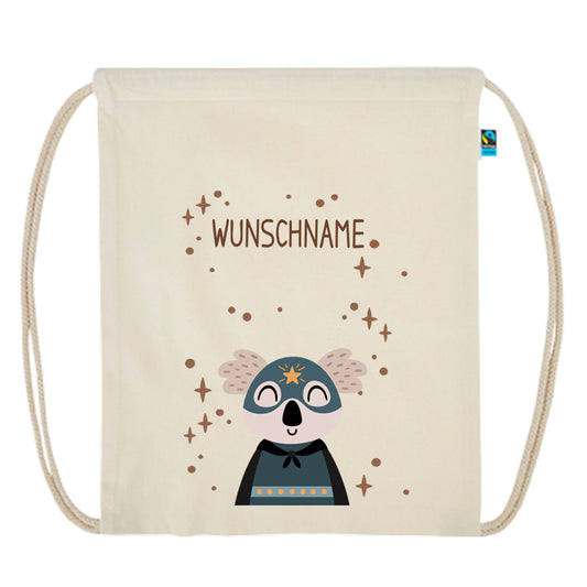 Personalisierter Turnbeutel aus Bio Baumwolle Wäschebeutel für Kinder Stoffbeutel mit Name und Motiv Superheld bedruckt Koala