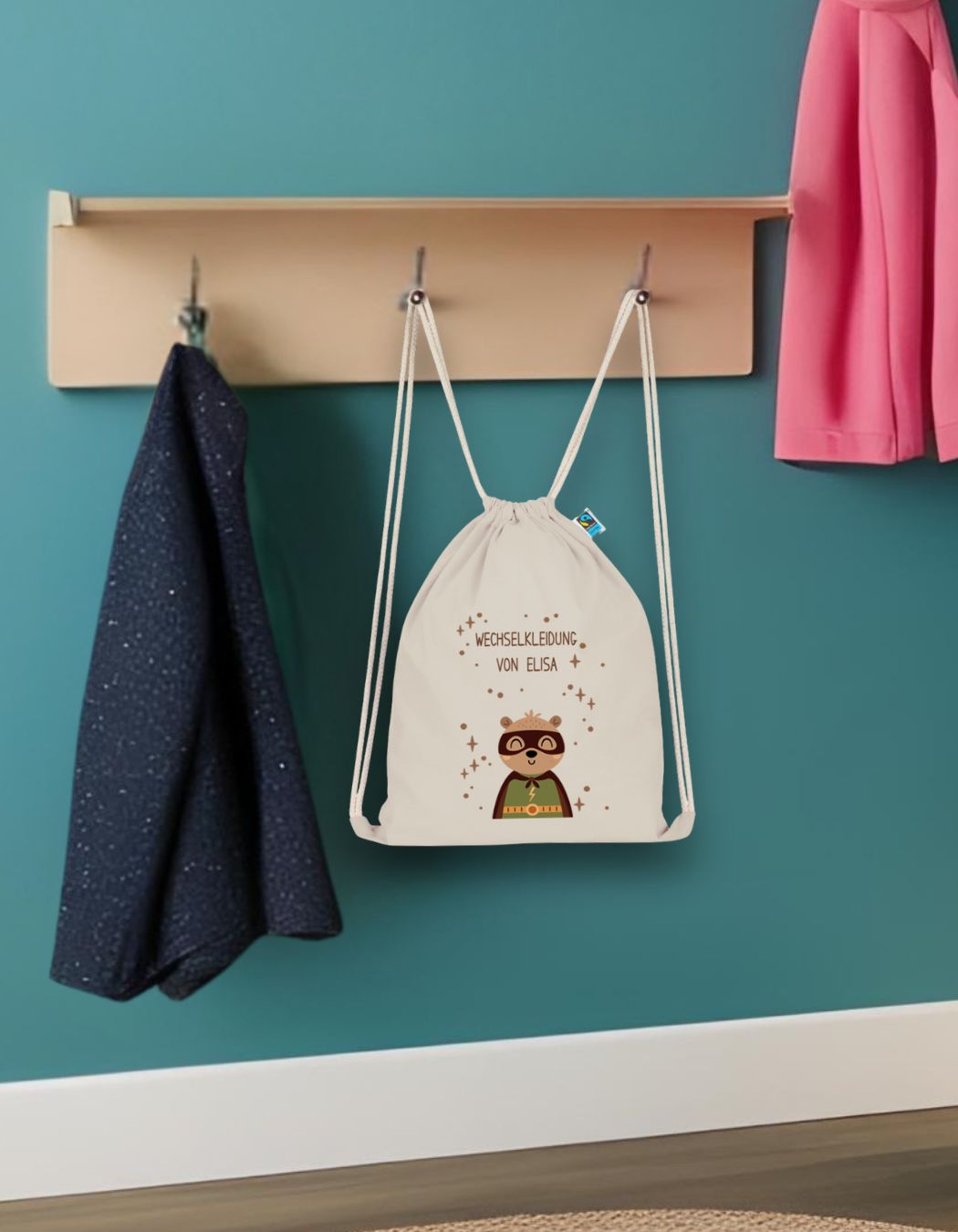 Personalisierter Turnbeutel aus Bio Baumwolle Wäschebeutel für Kinder Stoffbeutel mit Name und Motiv Superheld bedruckt Hase