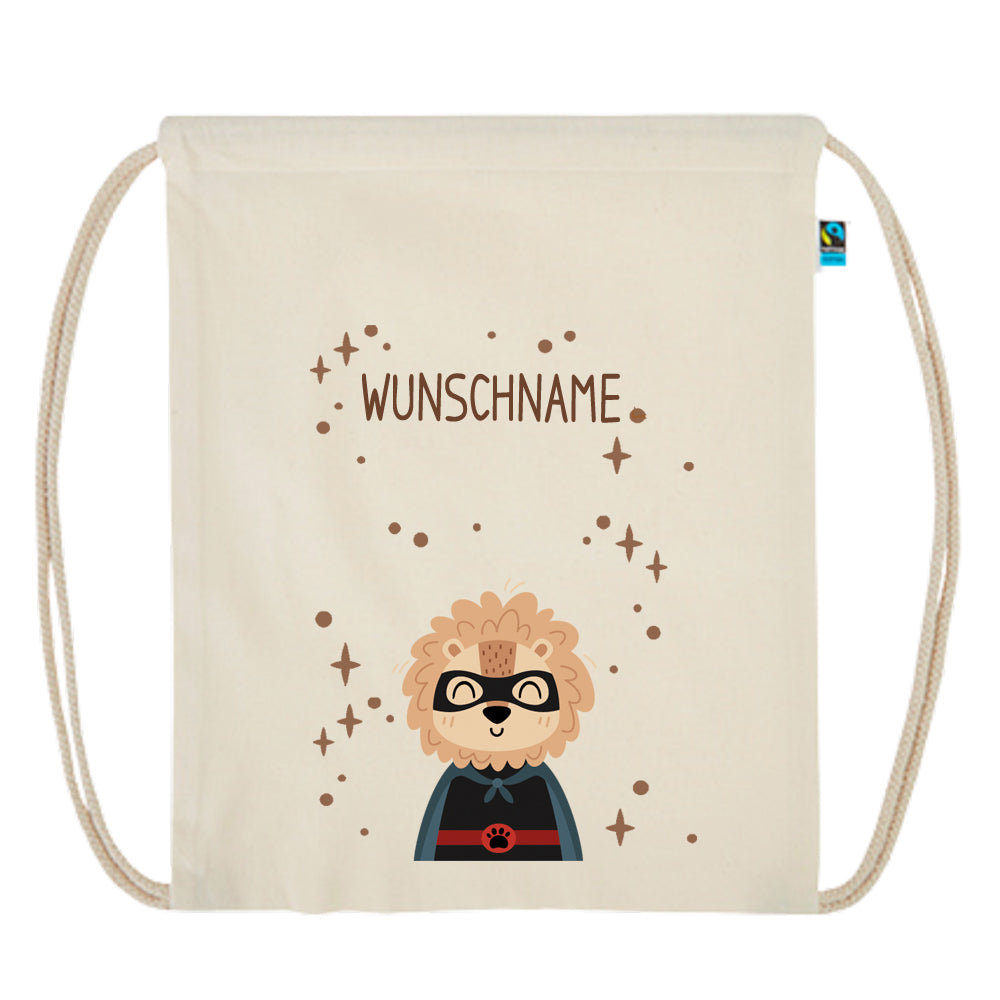 Personalisierter Turnbeutel aus Bio Baumwolle Wäschebeutel für Kinder Stoffbeutel mit Name und Motiv Superheld bedruckt Löwe