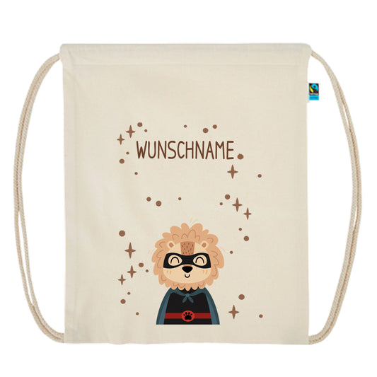 Personalisierter Turnbeutel aus Bio Baumwolle Wäschebeutel für Kinder Stoffbeutel mit Name und Motiv Superheld bedruckt Löwe
