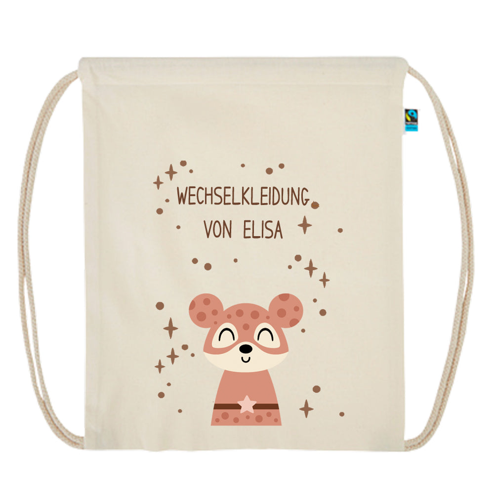 Personalisierter Turnbeutel aus Bio Baumwolle Wäschebeutel für Kinder Stoffbeutel mit Name und Motiv Superheld bedruckt Maus