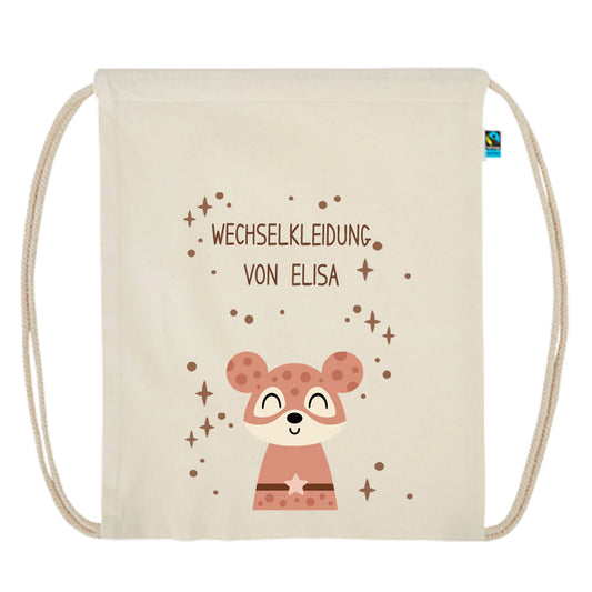 Personalisierter Turnbeutel aus Bio Baumwolle Wäschebeutel für Kinder Stoffbeutel mit Name und Motiv Superheld bedruckt Maus