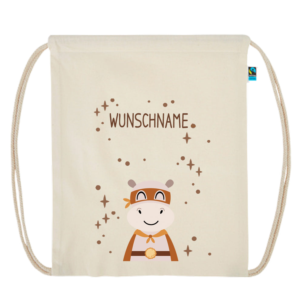 Personalisierter Turnbeutel aus Bio Baumwolle Wäschebeutel für Kinder Stoffbeutel mit Name und Motiv Superheld bedruckt Nilpferd
