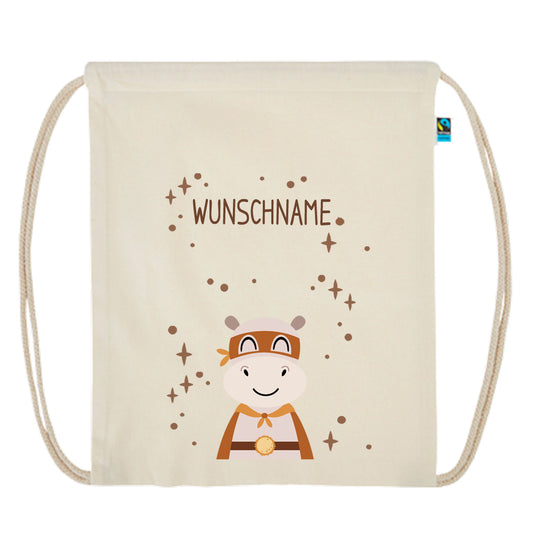 Personalisierter Turnbeutel aus Bio Baumwolle Wäschebeutel für Kinder Stoffbeutel mit Name und Motiv Superheld bedruckt Nilpferd