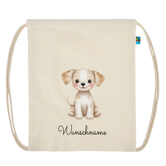 Personalisierter Turnbeutel aus Bio Baumwolle Wäschebeutel für Kinder Stoffbeutel mit Name und Motiv Hund bedruckt