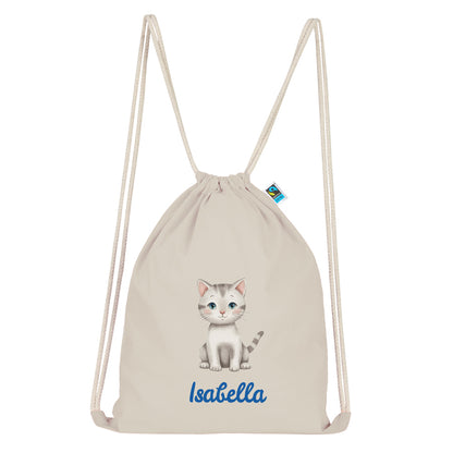 Personalisierter Turnbeutel aus Bio Baumwolle Wäschebeutel für Kinder Stoffbeutel mit Name und Motiv Katze bedruckt