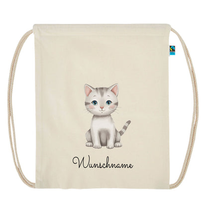 Personalisierter Turnbeutel aus Bio Baumwolle Wäschebeutel für Kinder Stoffbeutel mit Name und Motiv Katze bedruckt