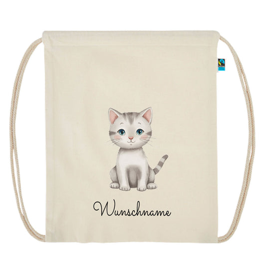 Personalisierter Turnbeutel aus Bio Baumwolle Wäschebeutel für Kinder Stoffbeutel mit Name und Motiv Katze bedruckt