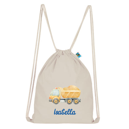 Personalisierter Turnbeutel aus Bio Baumwolle Wäschebeutel für Kinder Stoffbeutel mit Name und Motiv Kipplader bedruckt