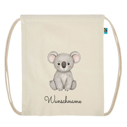Personalisierter Turnbeutel aus Bio Baumwolle Wäschebeutel für Kinder Stoffbeutel mit Name und Motiv Koala bedruckt