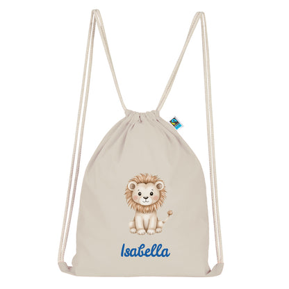 Personalisierter Turnbeutel aus Bio Baumwolle Wäschebeutel für Kinder Stoffbeutel mit Name und Motiv Löwe bedruckt