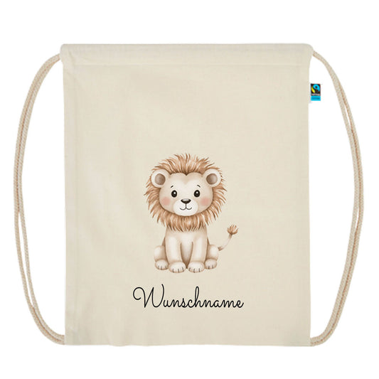 Personalisierter Turnbeutel aus Bio Baumwolle Wäschebeutel für Kinder Stoffbeutel mit Name und Motiv Löwe bedruckt