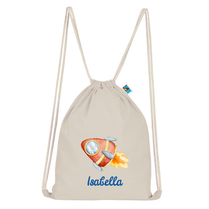 Personalisierter Turnbeutel aus Bio Baumwolle Wäschebeutel für Kinder Stoffbeutel mit Name und Motiv Rakete bedruckt