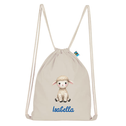 Personalisierter Turnbeutel aus Bio Baumwolle Wäschebeutel für Kinder Stoffbeutel mit Name und Motiv Schaf bedruckt