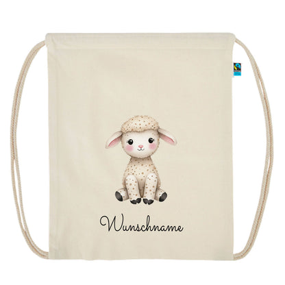 Personalisierter Turnbeutel aus Bio Baumwolle Wäschebeutel für Kinder Stoffbeutel mit Name und Motiv Schaf bedruckt