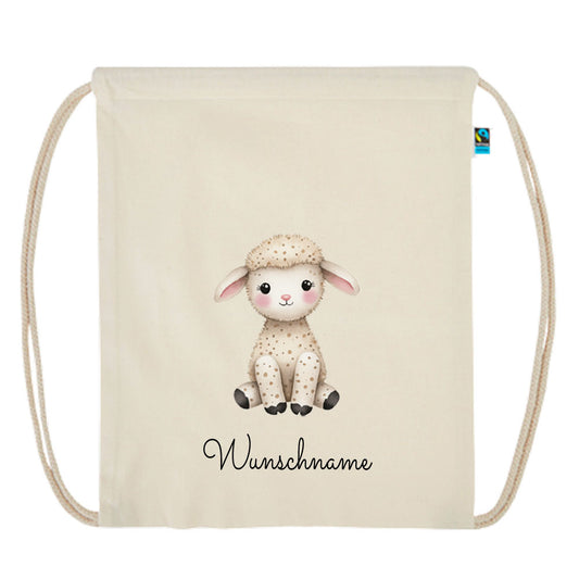 Personalisierter Turnbeutel aus Bio Baumwolle Wäschebeutel für Kinder Stoffbeutel mit Name und Motiv Schaf bedruckt