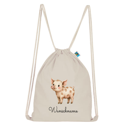 Personalisierter Turnbeutel aus Bio Baumwolle Wäschebeutel für Kinder Stoffbeutel mit Name und Motiv Schwein bedruckt