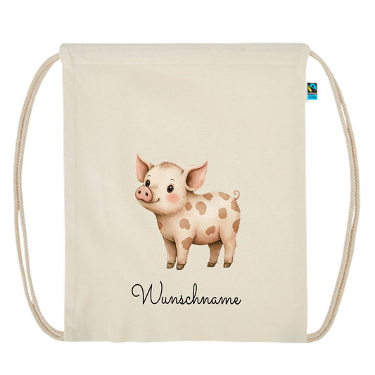 Personalisierter Turnbeutel aus Bio Baumwolle Wäschebeutel für Kinder Stoffbeutel mit Name und Motiv Schwein bedruckt