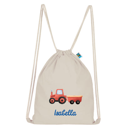 Personalisierter Turnbeutel aus Bio Baumwolle Wäschebeutel für Kinder Stoffbeutel mit Name und Motiv Trecker bedruckt