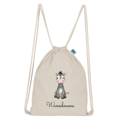 Personalisierter Turnbeutel aus Bio Baumwolle Wäschebeutel für Kinder Stoffbeutel mit Name und Motiv Zebra bedruckt