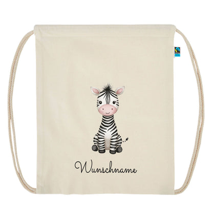 Personalisierter Turnbeutel aus Bio Baumwolle Wäschebeutel für Kinder Stoffbeutel mit Name und Motiv Zebra bedruckt