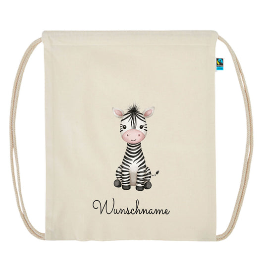 Personalisierter Turnbeutel aus Bio Baumwolle Wäschebeutel für Kinder Stoffbeutel mit Name und Motiv Zebra bedruckt