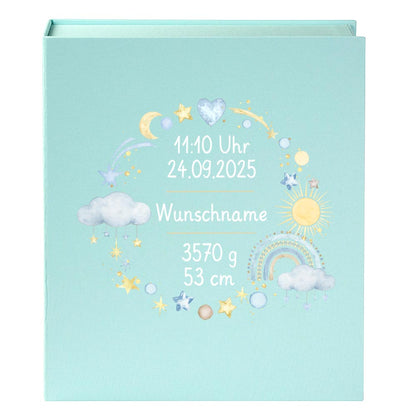 Personalisierte Baby Erinnerungsbox, Regenbogen Design mit Sternen, 33x24cm, Geburtsgeschenk mit Name und Geburtsdaten Kranz