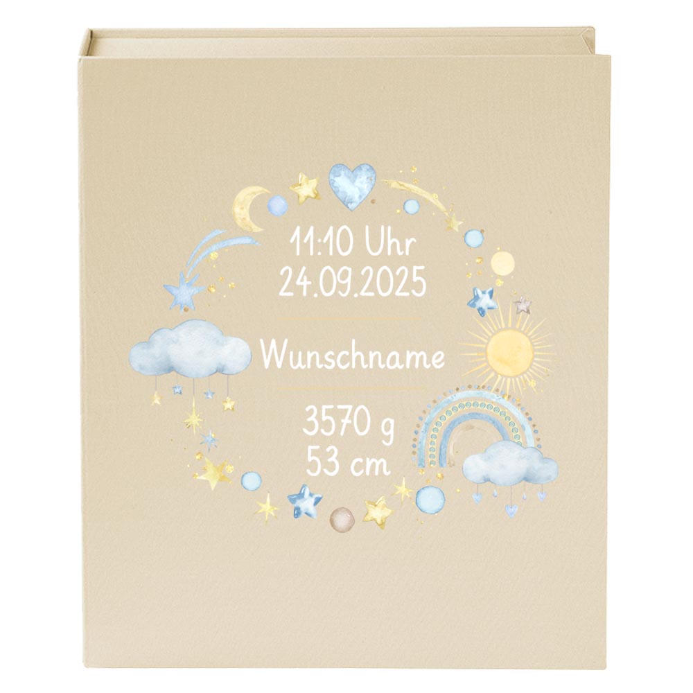 Personalisierte Baby Erinnerungsbox, Regenbogen Design mit Sternen, 33x24cm, Geburtsgeschenk mit Name und Geburtsdaten Kranz