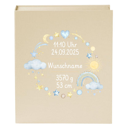 Personalisierte Baby Erinnerungsbox, Regenbogen Design mit Sternen, 33x24cm, Geburtsgeschenk mit Name und Geburtsdaten Kranz