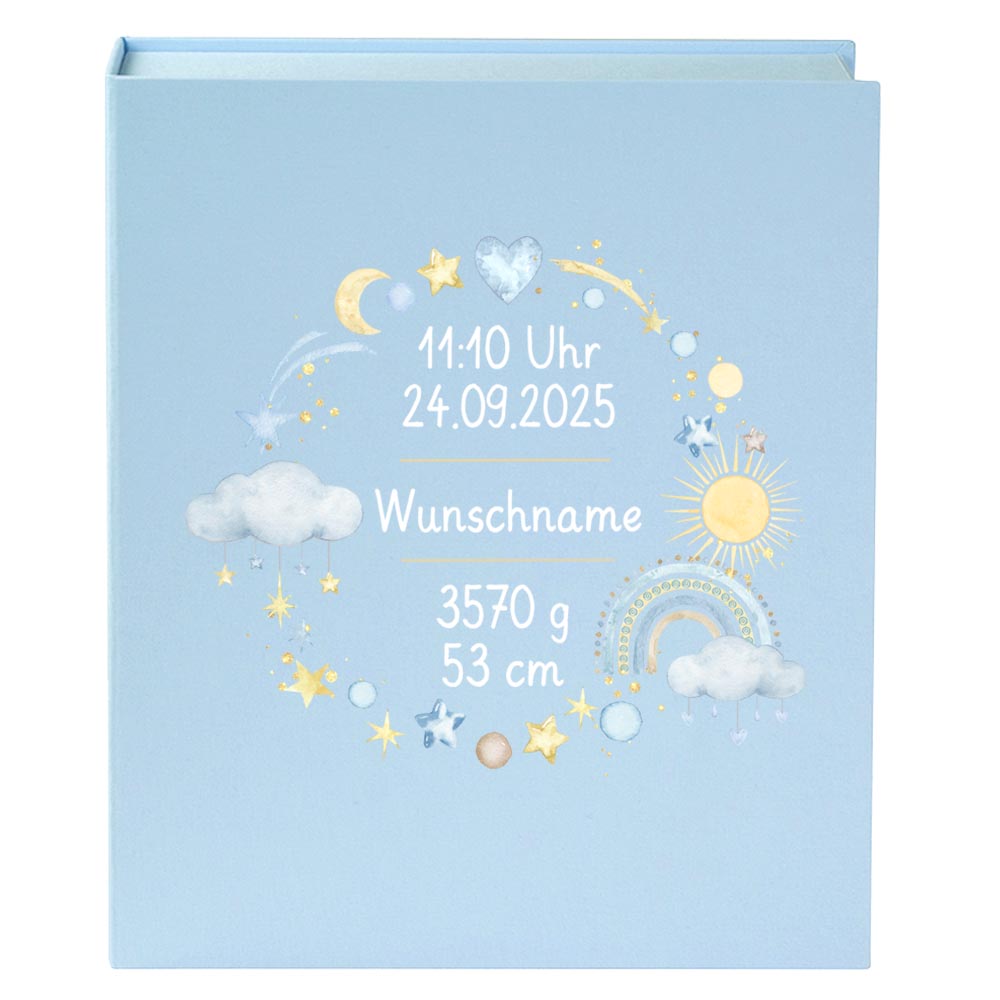Personalisierte Baby Erinnerungsbox, Regenbogen Design mit Sternen, 33x24cm, Geburtsgeschenk mit Name und Geburtsdaten Kranz