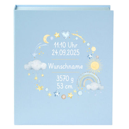 Personalisierte Baby Erinnerungsbox, Regenbogen Design mit Sternen, 33x24cm, Geburtsgeschenk mit Name und Geburtsdaten Kranz