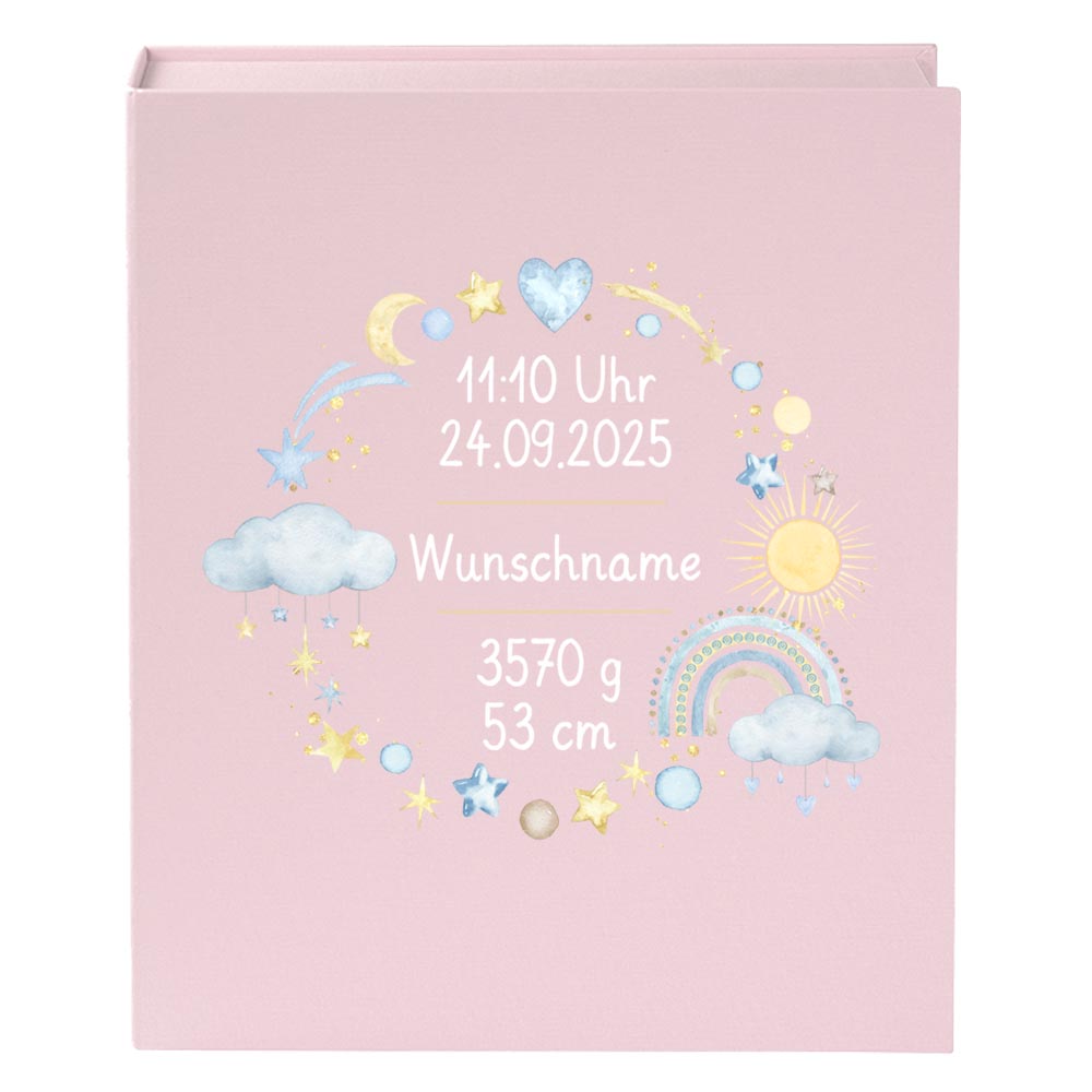 Personalisierte Baby Erinnerungsbox, Regenbogen Design mit Sternen, 33x24cm, Geburtsgeschenk mit Name und Geburtsdaten Kranz