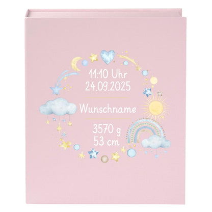 Personalisierte Baby Erinnerungsbox, Regenbogen Design mit Sternen, 33x24cm, Geburtsgeschenk mit Name und Geburtsdaten Kranz