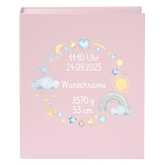 Personalisierte Baby Erinnerungsbox, Regenbogen Design mit Sternen, 33x24cm, Geburtsgeschenk mit Name und Geburtsdaten Kranz