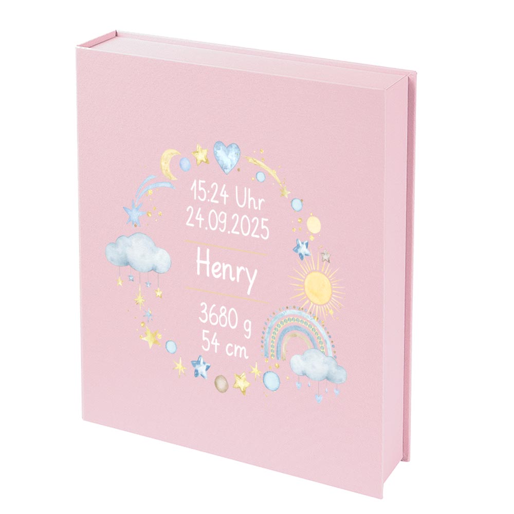 Personalisierte Baby Erinnerungsbox, Regenbogen Design mit Sternen, 33x24cm, Geburtsgeschenk mit Name und Geburtsdaten Kranz