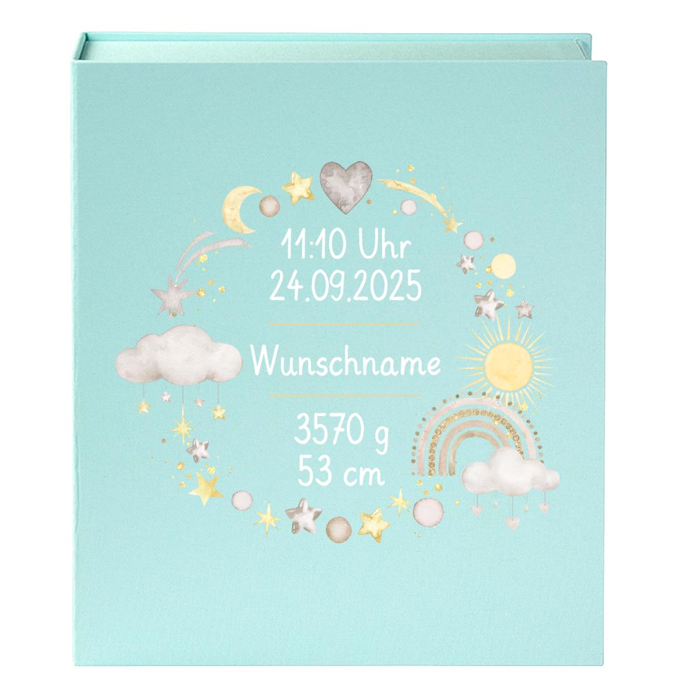 Personalisierte Baby Erinnerungsbox, Regenbogen Design mit Sternen, 33x24cm, Geburtsgeschenk mit Name und Geburtsdaten Kranz