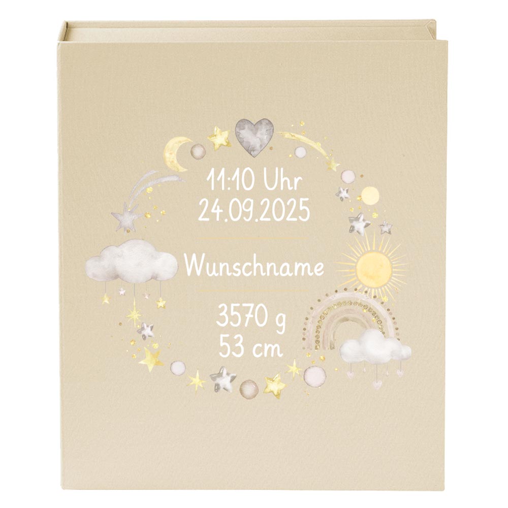 Personalisierte Baby Erinnerungsbox, Regenbogen Design mit Sternen, 33x24cm, Geburtsgeschenk mit Name und Geburtsdaten Kranz