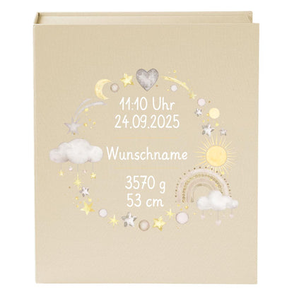 Personalisierte Baby Erinnerungsbox, Regenbogen Design mit Sternen, 33x24cm, Geburtsgeschenk mit Name und Geburtsdaten Kranz