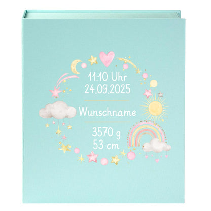Personalisierte Baby Erinnerungsbox, Regenbogen Design mit Sternen, 33x24cm, Geburtsgeschenk mit Name und Geburtsdaten Kranz