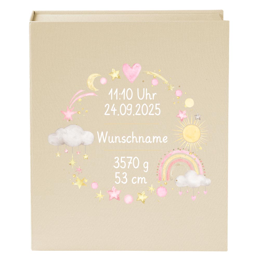 Personalisierte Baby Erinnerungsbox, Regenbogen Design mit Sternen, 33x24cm, Geburtsgeschenk mit Name und Geburtsdaten Kranz