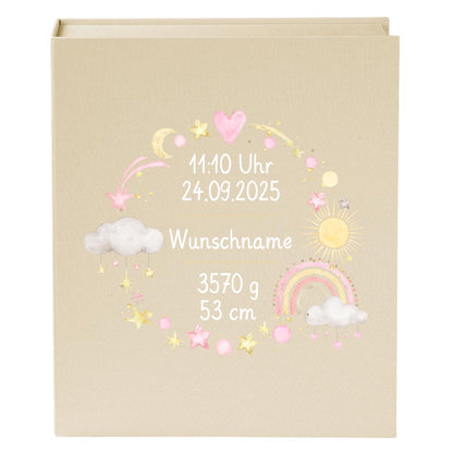Personalisierte Baby Erinnerungsbox, Regenbogen Design mit Sternen, 33x24cm, Geburtsgeschenk mit Name und Geburtsdaten Kranz