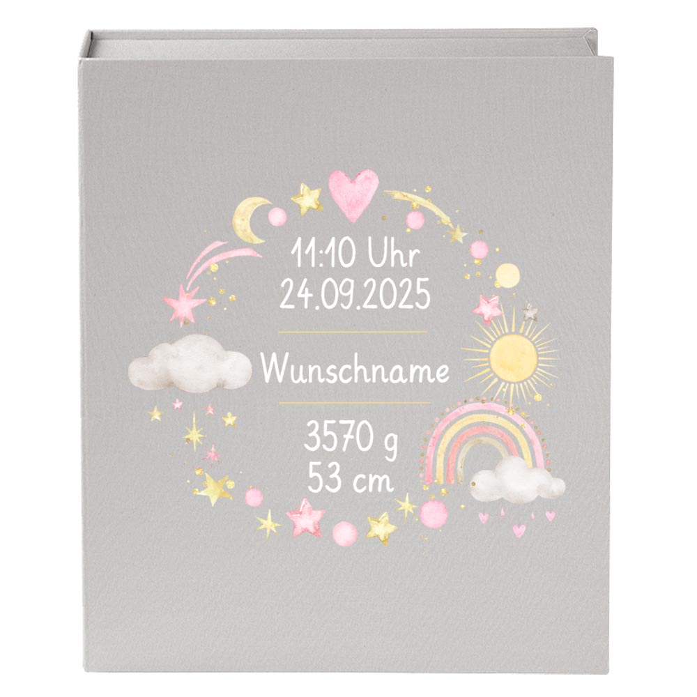 Personalisierte Baby Erinnerungsbox, Regenbogen Design mit Sternen, 33x24cm, Geburtsgeschenk mit Name und Geburtsdaten Kranz