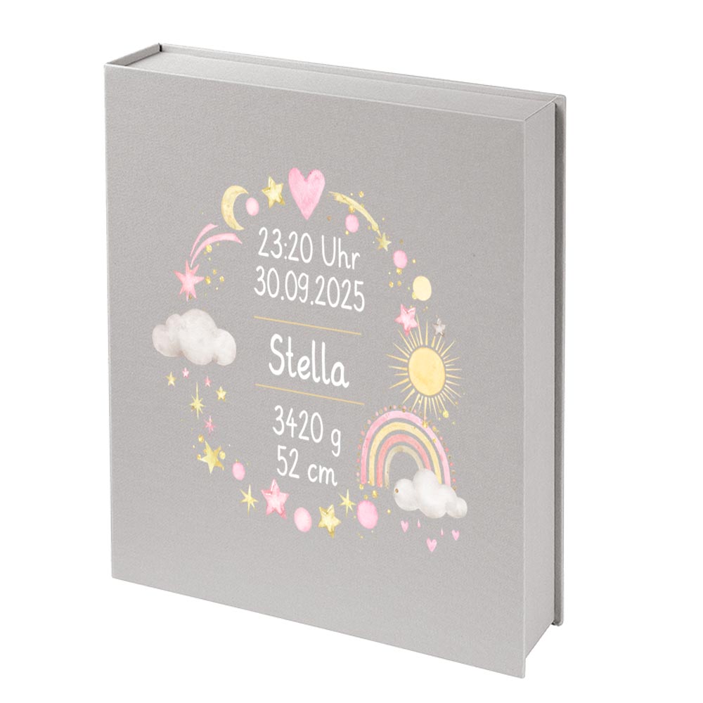 Personalisierte Baby Erinnerungsbox, Regenbogen Design mit Sternen, 33x24cm, Geburtsgeschenk mit Name und Geburtsdaten Kranz